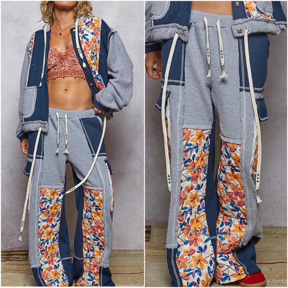 POL Blue and Gray Floral Patchwork Pants